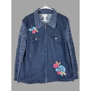 Alfred Dunner Denim Jacket Women's Floral Embroidered Knit Cotton Size 16